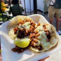 Tacos with pastor, beans and salsa  at Productos Veganos Rancho San Agustín in Puerto Vallarta