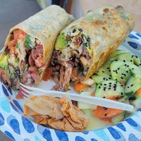 Carnitas burrito with beans and avocado at Productos Veganos Rancho San Agustín in Puerto Vallarta