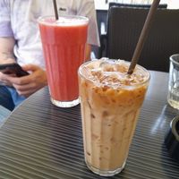 Ice Coffe with plant based milk and juice at Roots in Zagreb