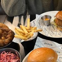 Clucky Burger, onion rings, coleslaw  at Byron in Edinburgh