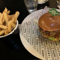 Truffle vegan burger with skin on fries  at Byron in Edinburgh