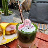 Sakura matcha iced latte at Whyte - VENUTS in Tokyo