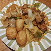 Chikk'n balls, satay skewers, salt & pepper tofu and tofu and vegetable curry. at 9 Dragons in Folkestone