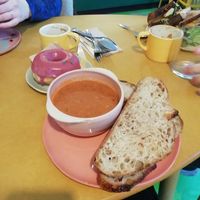 Tomato, black bean and coconut soup with sourdough! at Siop Shop in Manchester