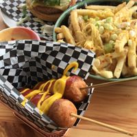 The OG burger, cheese fries and corn dogs (which were a weekend special) 😍 at Lilith's  in Cheltenham