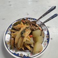 Basil mince, fak maeo (?), bamboo red curry  at Chalawan - Vegan Food Stall in Bangkok