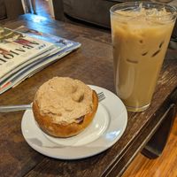 Cinnamon roll (and iced latte), vegan at Protagonist Cafe in St Louis
