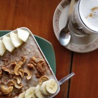 Soymilk oatmeal and soy latte at Sonya Restaurant & Guesthouse in Koh Lanta