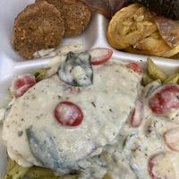 Creamy Tuscan Chick'n, Italian Roasted Veggies, Garlic Bread, and Sweet Potato Ginger soup  at Country Life in Columbus