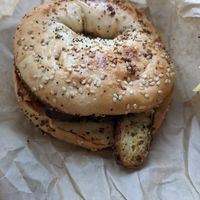 Breakfast sandwich on everything bagel w/ tofu at Paradigm Coffee & Music in Sheboygan