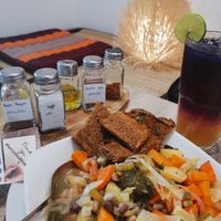 Veggie soup with local organic bread (sourdough)  at Horizon Cafe in Koh Samui
