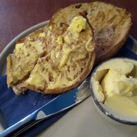 Cinnamon and raisin bagel yum at Mr Cooper's Coffee House in Whitby
