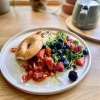 Hummus and sun blush tomato bagel with elderflower white tea. So yum.  at Mr Cooper's Coffee House in Whitby
