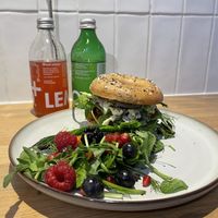 Just look at that bagel! And fruity salad was delicious .  at Mr Cooper's Coffee House in Whitby