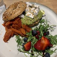 No Avo Bagel with Vegan Fetaa  at Mr Cooper's Coffee House in Whitby