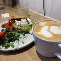 Decaf Coconut Milk Latte with No Avo Bagel  at Mr Cooper's Coffee House in Whitby