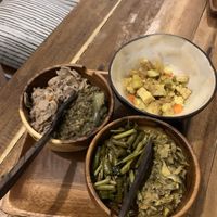(From left to right) jackfruit, mung beans, green beans and spinach, banana heart and tofu mango at the top - all absolutely delicious! at ENI - Soul Kitchen in Palawan