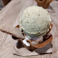 Pistachio and lemon pie with edible spoon and cup at Nieve de Olla in Mexico City