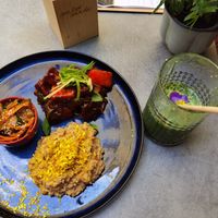 Awesome lunch menu with BBQ watermelon and seitan, green smoothie  at Palo Verde in Prague