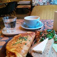 Chickpea omelette with bread, salad and Coffee at Palo Verde in Prague