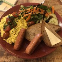 Scrambled tofu with sausages  at Palo Verde in Prague