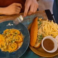 Basil tortellini and a "meat" sandwich with great dressing and fries at Palo Verde in Prague