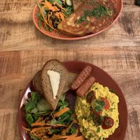 Kimchi omlette and scrambled tofu   at Palo Verde in Prague