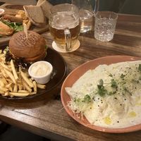 Double cheeseburger and mushroom ravioli   at Palo Verde in Prague