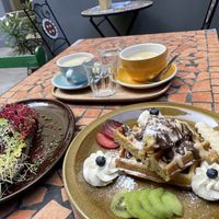 Chocolate waffles & avo toast  at Palo Verde in Prague