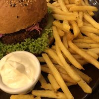 Panko-fried burger with chips   at Palo Verde in Prague