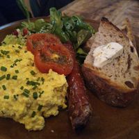 English-style breakfast with tasty Spanish sausage at Palo Verde in Prague