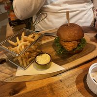 Chicken burger with fries   at Palo Verde in Prague