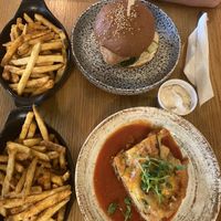 Lasagna and chicken burger with seasoned fries and hoisin dip   at Palo Verde in Prague
