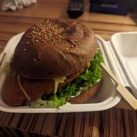 Takeout "chicken" burger at Palo Verde in Prague