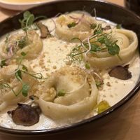 Wild mushroom tortellini – Homemade tortellini with basil tofu ricotta, tempeh and wild mushrooms, served with a creamy sauce, truffle oil, walnut rawmazan  at Palo Verde in Prague