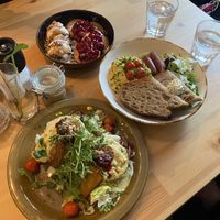 tofu benedict, tofu scramble and pancakes with ice cream  at Palo Verde in Prague