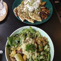 Green bowl and homemade pita at Palo Verde in Prague