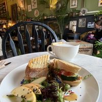 Vegan panini with a side salad and a London fog with soy milk☺️ at The Vault in Nanaimo