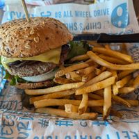 Mr. Lebowski with no tomatoes and added vegan bacon, side of "seasoned" fries at Hot Chip Burger Bar in Rochester