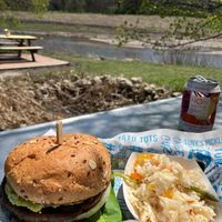 Smells Like Updog vegan burger (guacamole, vegan bacon, vegan nacho cheese, pickled jalapeno, lettuce, tomato, onion). Side of Sweet Pepper Slaw. Worth the 1-hour drive! at Hot Chip Burger Bar in Rochester