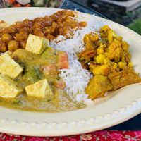 Chana Masala, Tofu Coconut Curry, Basmati Rice, Aloo Gobi at Royal India Cuisine in Eugene