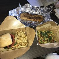 Bean burger with Fries and Cavelli al verde with garlic bread at The Loaf in Fernie