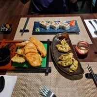 Tempura vegetables, gyoza dumplings and tempura sushi at Akasaka in Milton Keynes