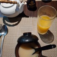 Miso soup, mango juice and green tea at Akasaka in Milton Keynes