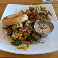 Tofu scramble bagel at Karma in Jaco