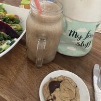 Coffee smoothie, toys, cookie hiding behind everything  at Karma in Jaco