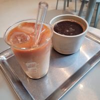 Rooibos Mylk Tea with peanut butter and large americano   at Buddy Buddy in Brussels