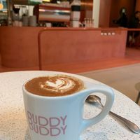 Dirty chai = chai almond butter milk with a shot of expresso at Buddy Buddy in Brussels