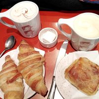 Praline Hot Chocolate + The Buddy Coffee + 2 croissants + 1 pain au chocolat at Buddy Buddy in Brussels