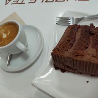 Cortado w/ soy milk + vegan chocolate cake at Hi! Bubble tea Patisserie in Gran Canaria